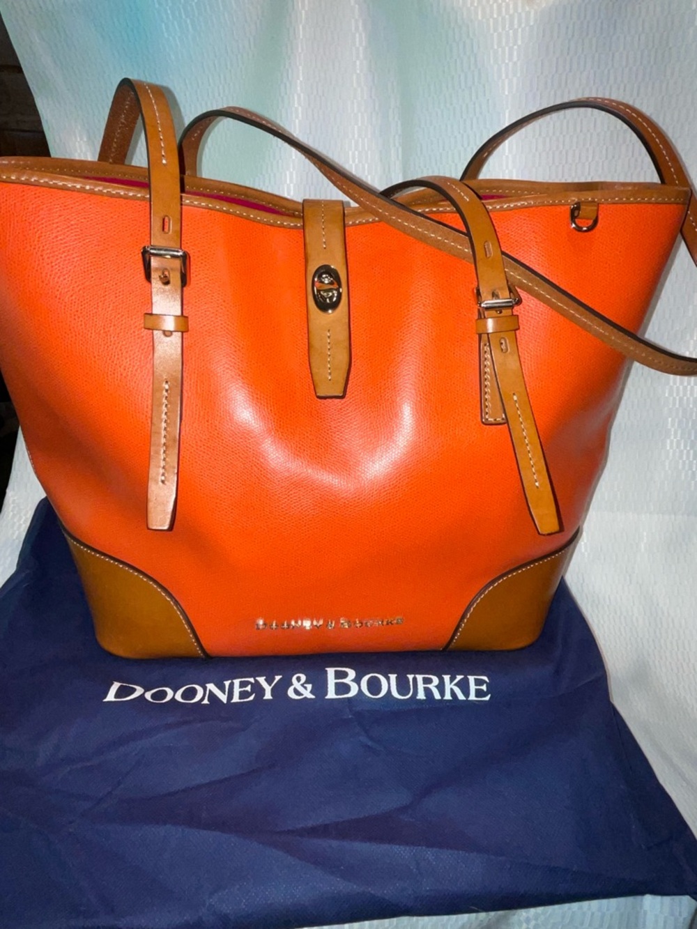 Dooney & Bourke Large Orange Leather Tote with Tan Trim